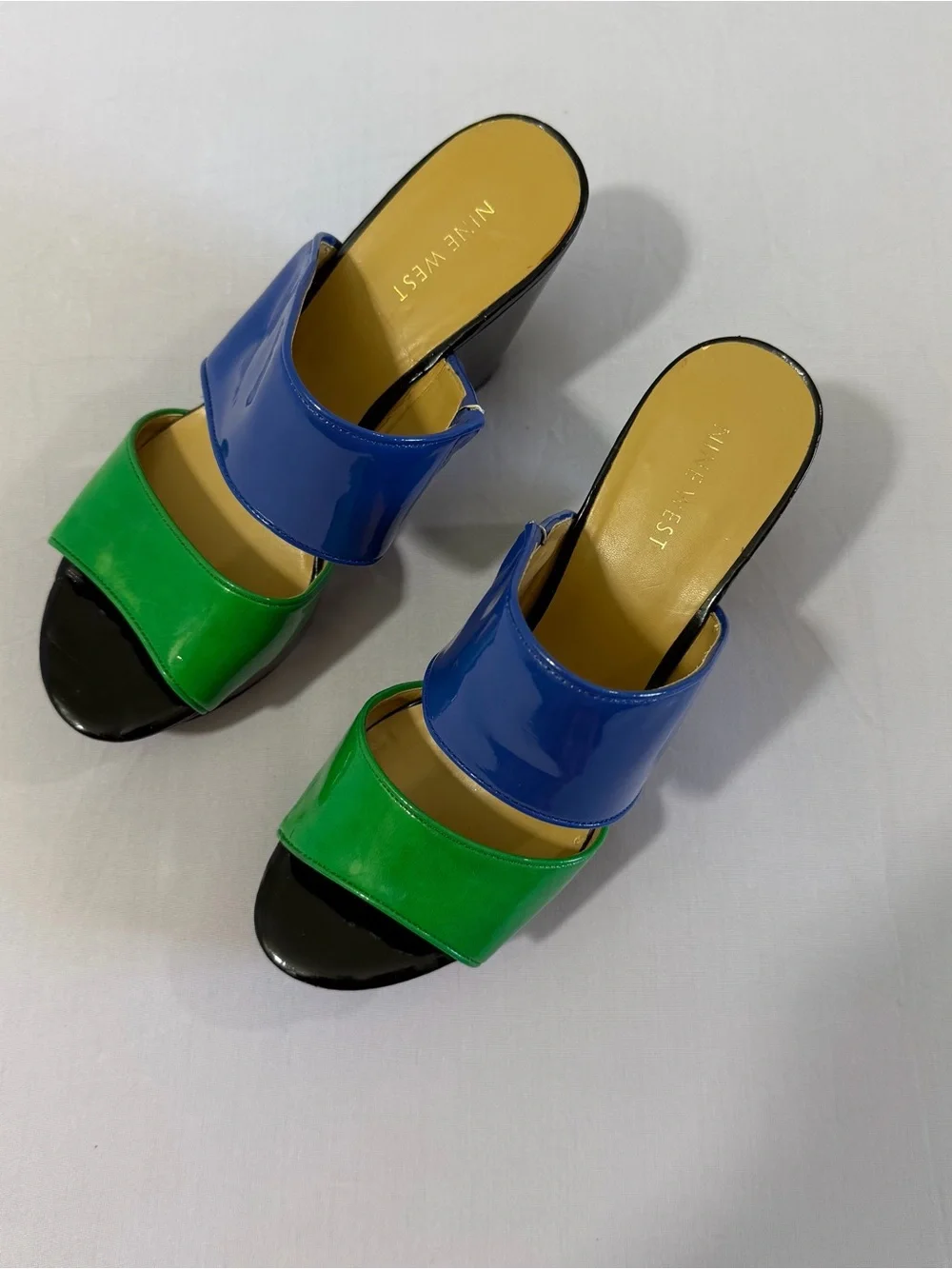 💙💚Nine West Colorblock Patent Platform Wedge Slide Sandals Blue Green Black| sz9